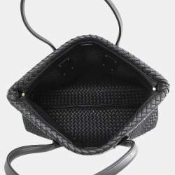 Pre Owned Bottega Veneta Intrecciato Snap Tote Bag Black Leather
