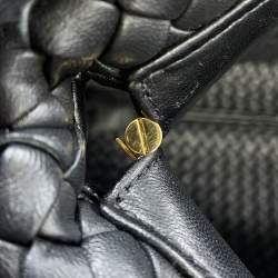 Pre Owned Bottega Veneta Intrecciato Snap Tote Bag Black Leather