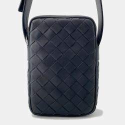 Pre Owned Bottega Veneta Intrecciato Cassette Cross Body Bag Black Calf Leather Size Mini