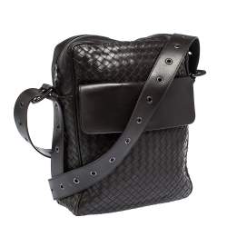 Bottega Veneta Dark Brown Intrecciato Leather Grommet Strap Messenger Bag