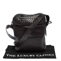 Bottega Veneta Dark Brown Intrecciato Leather Grommet Strap Messenger Bag