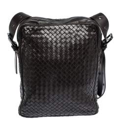 Bottega Veneta Dark Brown Intrecciato Leather Grommet Strap Messenger Bag