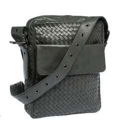 Pre Owned Bottega Veneta Grey Intrecciato Leather Grommet Strap Messenger Bag