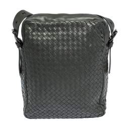 Pre Owned Bottega Veneta Grey Intrecciato Leather Grommet Strap Messenger Bag