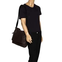 Pre Owned Bottega Veneta Dark Brown Intrecciato Leather Flap Messenger Bag