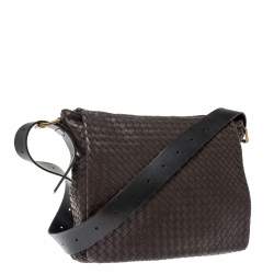 Pre Owned Bottega Veneta Dark Brown Intrecciato Leather Flap Messenger Bag
