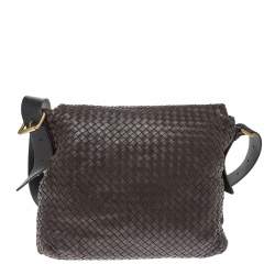 Pre Owned Bottega Veneta Dark Brown Intrecciato Leather Flap Messenger Bag