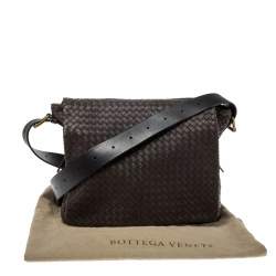 Pre Owned Bottega Veneta Dark Brown Intrecciato Leather Flap Messenger Bag