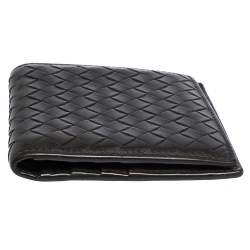 Pre Owned Bottega Veneta Dark Brown Intrecciato Leather Bifold Wallet 