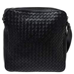 Pre Owned Bottega Veneta Black Intrecciato Leather Pocket Zip Messenger Bag