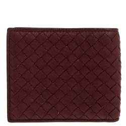 Pre Owned Bottega Veneta Maroon Intrecciato Leather Bifold Wallet