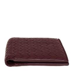 Pre Owned Bottega Veneta Maroon Intrecciato Leather Bifold Wallet