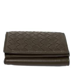 Pre Owned Bottega Veneta Olive Green Intrecciato Leather Trifold Wallet