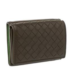 Pre Owned Bottega Veneta Olive Green Intrecciato Leather Trifold Wallet