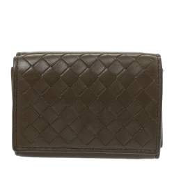 Pre Owned Bottega Veneta Olive Green Intrecciato Leather Trifold Wallet