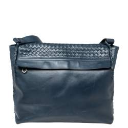Pre Owned Bottega Veneta Navy Blue Intrecciato Leather Flap Messenger Bag