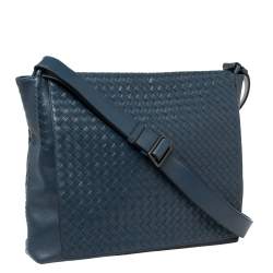 Pre Owned Bottega Veneta Navy Blue Intrecciato Leather Flap Messenger Bag