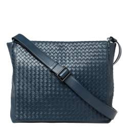 Pre Owned Bottega Veneta Navy Blue Intrecciato Leather Flap Messenger Bag