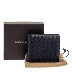 Pre Owned Bottega Veneta Dark Blue Intrecciato Leather Bifold Wallet
