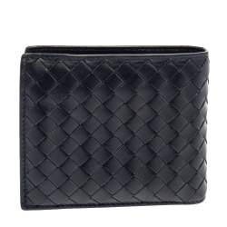 Pre Owned Bottega Veneta Dark Blue Intrecciato Leather Bifold Wallet
