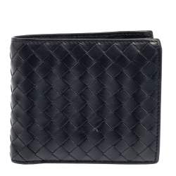 Pre Owned Bottega Veneta Dark Blue Intrecciato Leather Bifold Wallet