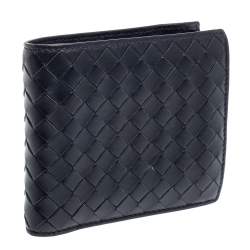 Pre Owned Bottega Veneta Dark Blue Intrecciato Leather Bifold Wallet