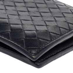 Pre Owned Bottega Veneta Dark Blue Intrecciato Leather Bifold Wallet