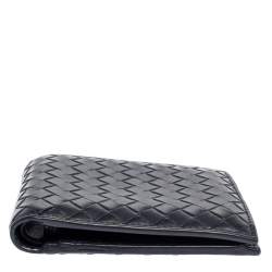Pre Owned Bottega Veneta Dark Blue Intrecciato Leather Bifold Wallet