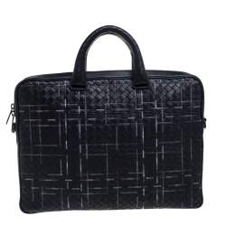 Bottega Veneta Black Intrecciato Leather Stitched Detail Briefcase