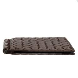 Pre Owned Bottega Veneta Dark Brown Intrecciato Leather Money Clip Bifold Wallet
