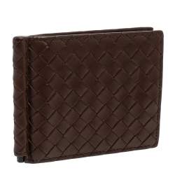 Pre Owned Bottega Veneta Dark Brown Intrecciato Leather Money Clip Bifold Wallet
