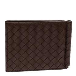 Pre Owned Bottega Veneta Dark Brown Intrecciato Leather Money Clip Bifold Wallet