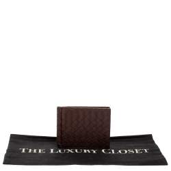 Pre Owned Bottega Veneta Dark Brown Intrecciato Leather Money Clip Bifold Wallet