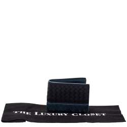Pre Owned Bottega Veneta Black/Blue Intrecciato Leather Bifold Wallet