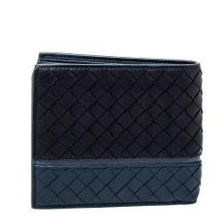 Pre Owned Bottega Veneta Black/Blue Intrecciato Leather Bifold Wallet