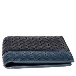 Pre Owned Bottega Veneta Black/Blue Intrecciato Leather Bifold Wallet