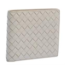 Pre Owned Bottega Veneta Off White Intrecciato Leather Bifold Wallet