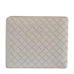 Pre Owned Bottega Veneta Off White Intrecciato Leather Bifold Wallet