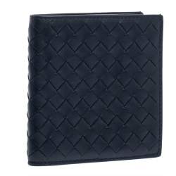 Pre Owned Bottega Veneta Navy Blue Intrecciato Leather Card Holder
