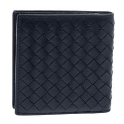 Pre Owned Bottega Veneta Navy Blue Intrecciato Leather Card Holder