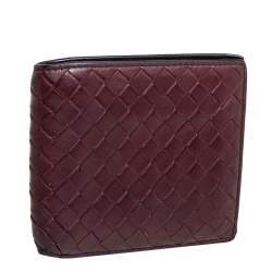 Pre Owned Bottega Veneta Maroon Intrecciato Leather Bifold Wallet