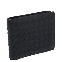 Pre Owned Bottega Veneta Navy Blue Intrecciato Leather Bifold Wallet