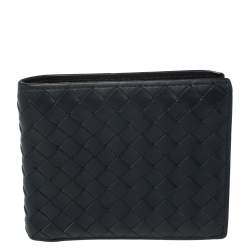 Pre Owned Bottega Veneta Navy Blue Intrecciato Leather Bifold Wallet