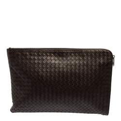 Bottega Veneta Dark Brown Intrecciato Leather Zip Document Case