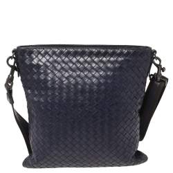 Pre Owned Bottega Veneta Blue Intrecciato Leather Messenger Bag