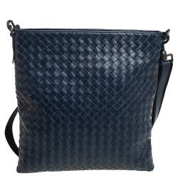 Pre Owned Bottega Veneta Blue Intrecciato Leather Messenger Bag