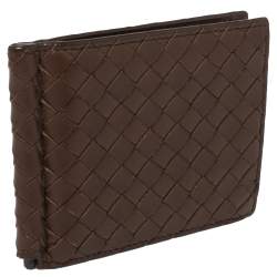 Pre Owned Bottega Veneta Brown Intrecciato Leather Money Clip Bifold Wallet