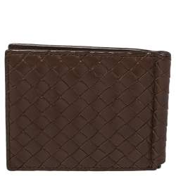 Pre Owned Bottega Veneta Brown Intrecciato Leather Money Clip Bifold Wallet