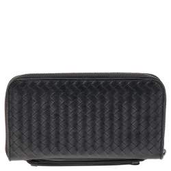 Pre Owned Bottega Veneta Black Intrecciato Leather Zip Around Wallet