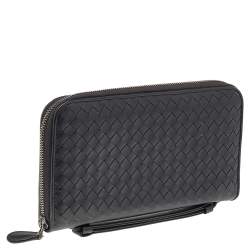 Pre Owned Bottega Veneta Black Intrecciato Leather Zip Around Wallet